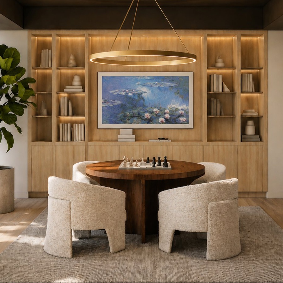 a room with a table chairs tv and a plant