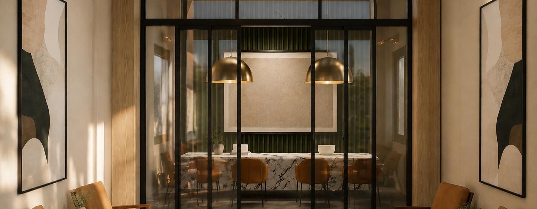 a room with a glass door and chairs