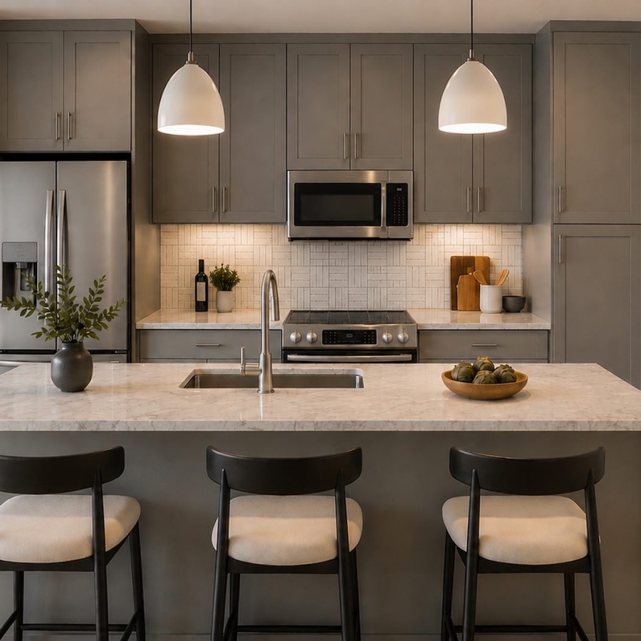 a kitchen with a marble island