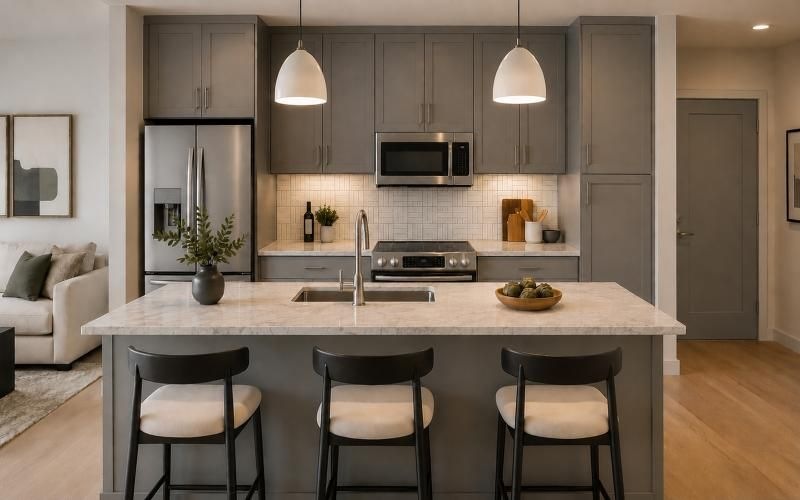 a kitchen with a marble island