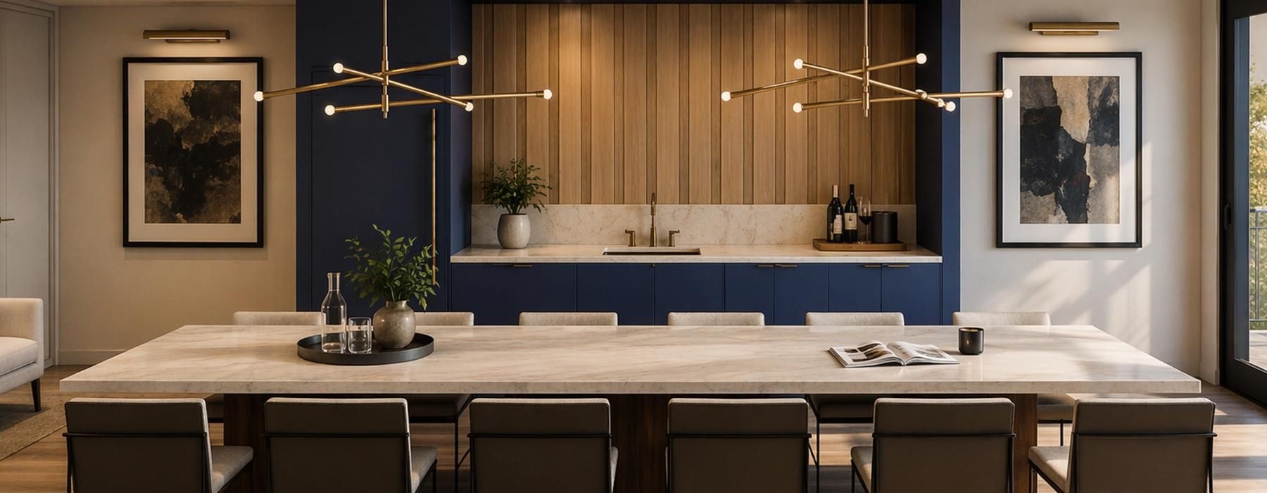 a large dining room with a bar and chairs